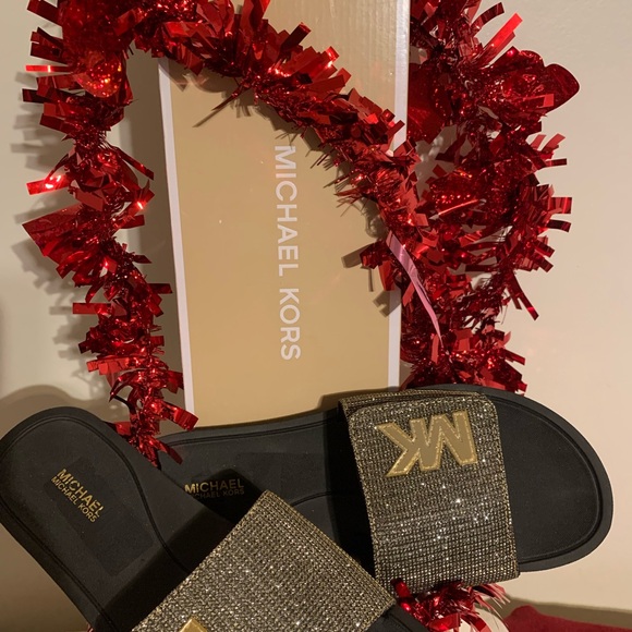 Michael Kors Black Slides with Gold Logo - Picture 4 of 4